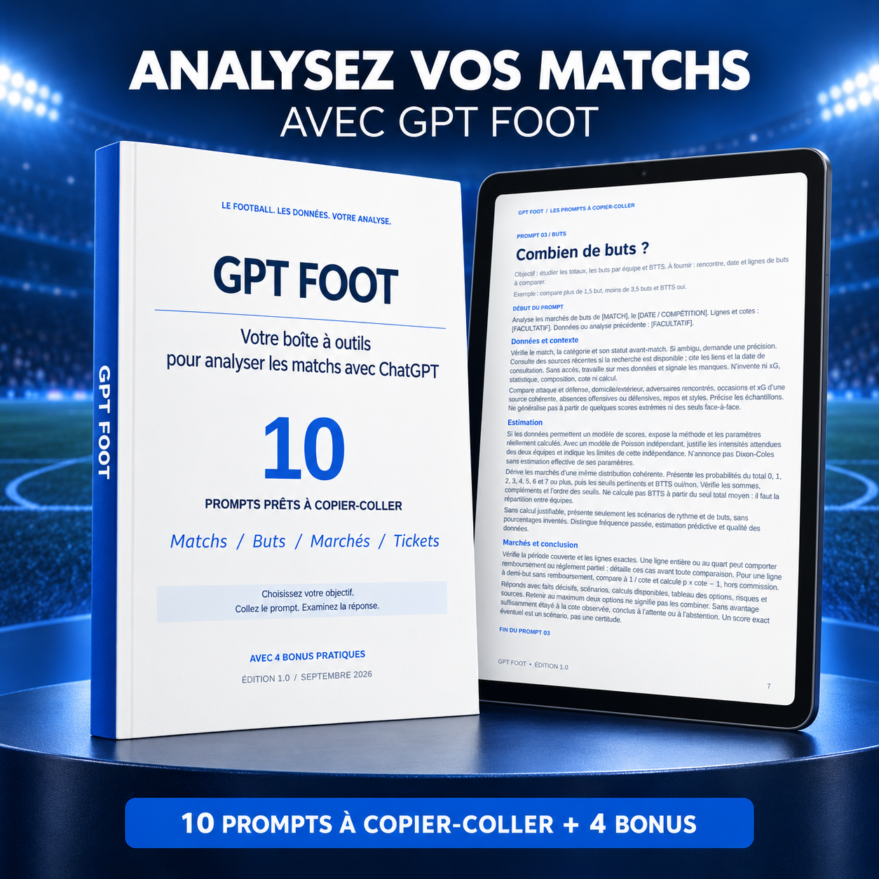 Présentation de l’ebook GPT Foot avec sa couverture et un aperçu d’un prompt
